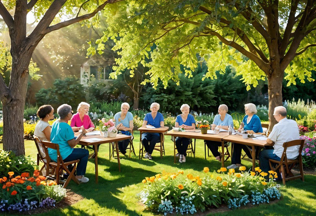 A warm, inviting community gathering scene with diverse individuals sharing stories and support in a garden setting, symbolizing connection and hope in cancer care. Include elements like a bulletin board with resources, flowers representing growth, and soft, encouraging expressions. The background should depict a peaceful atmosphere with gentle sunlight streaming through trees. vibrant colors. painting.