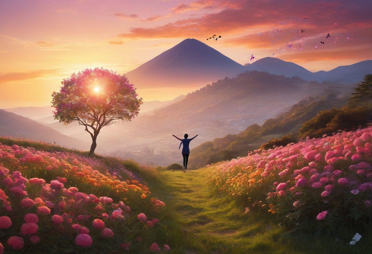 A radiant sunrise illuminating a serene landscape, with silhouettes of diverse cancer survivors standing triumphantly atop a hill, symbolizing hope and resilience. In the foreground, blooming flowers represent innovations in oncology, while medical symbols subtly blend into the background. The atmosphere is filled with vibrant colors to inspire positivity and strength. super-realistic. vibrant colors. uplifting atmosphere.