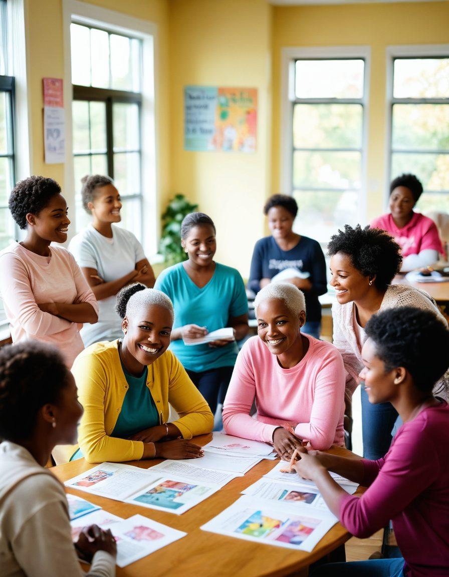 A hopeful scene depicting a diverse group of people, gathered in a cozy, sunlit community center, engaged in educational workshops about cancer awareness. Include elements of support like motivational posters on the walls, cancer ribbons, and a table filled with informational brochures. Some individuals are sharing personal stories, radiating positivity and strength. The overall vibe should be uplifting and warm. vibrant colors. super-realistic.